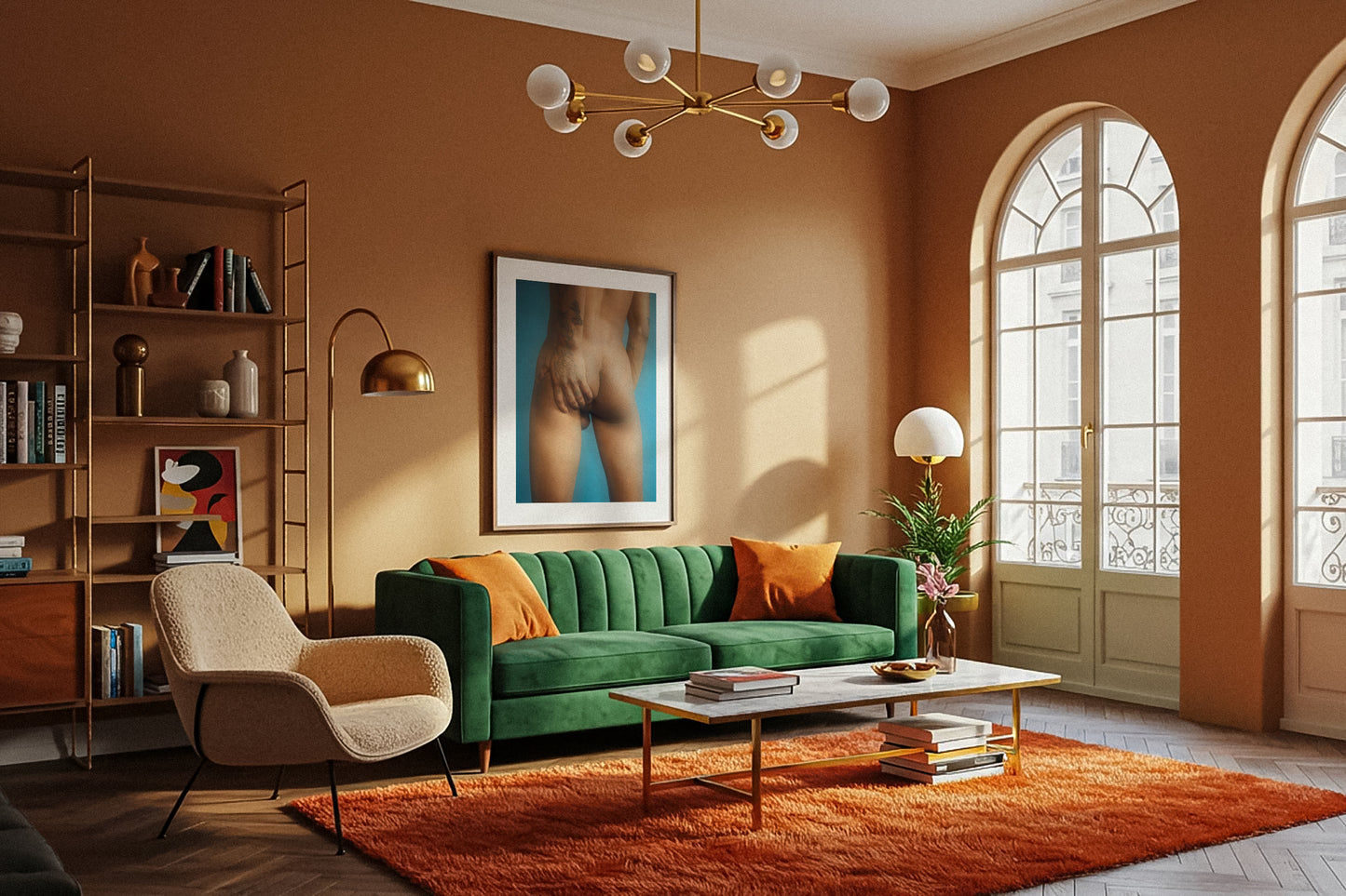 Living room with a green sofa, armchair, and large windows. Fine art print of a partial nude on a wall.
