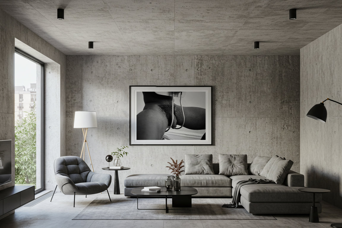 framed black and white nude photo hanging on wall