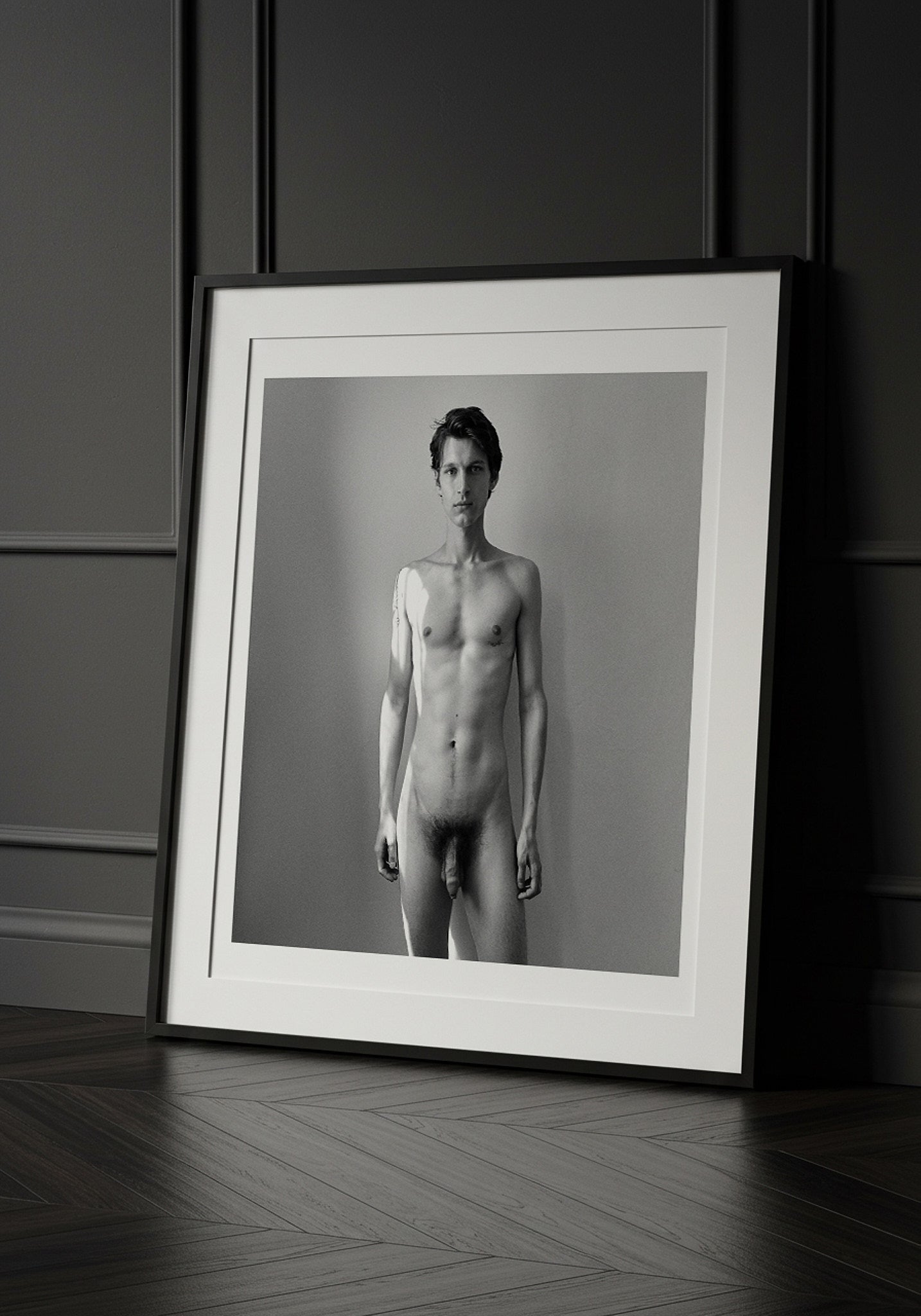 framed black and white nude male art print