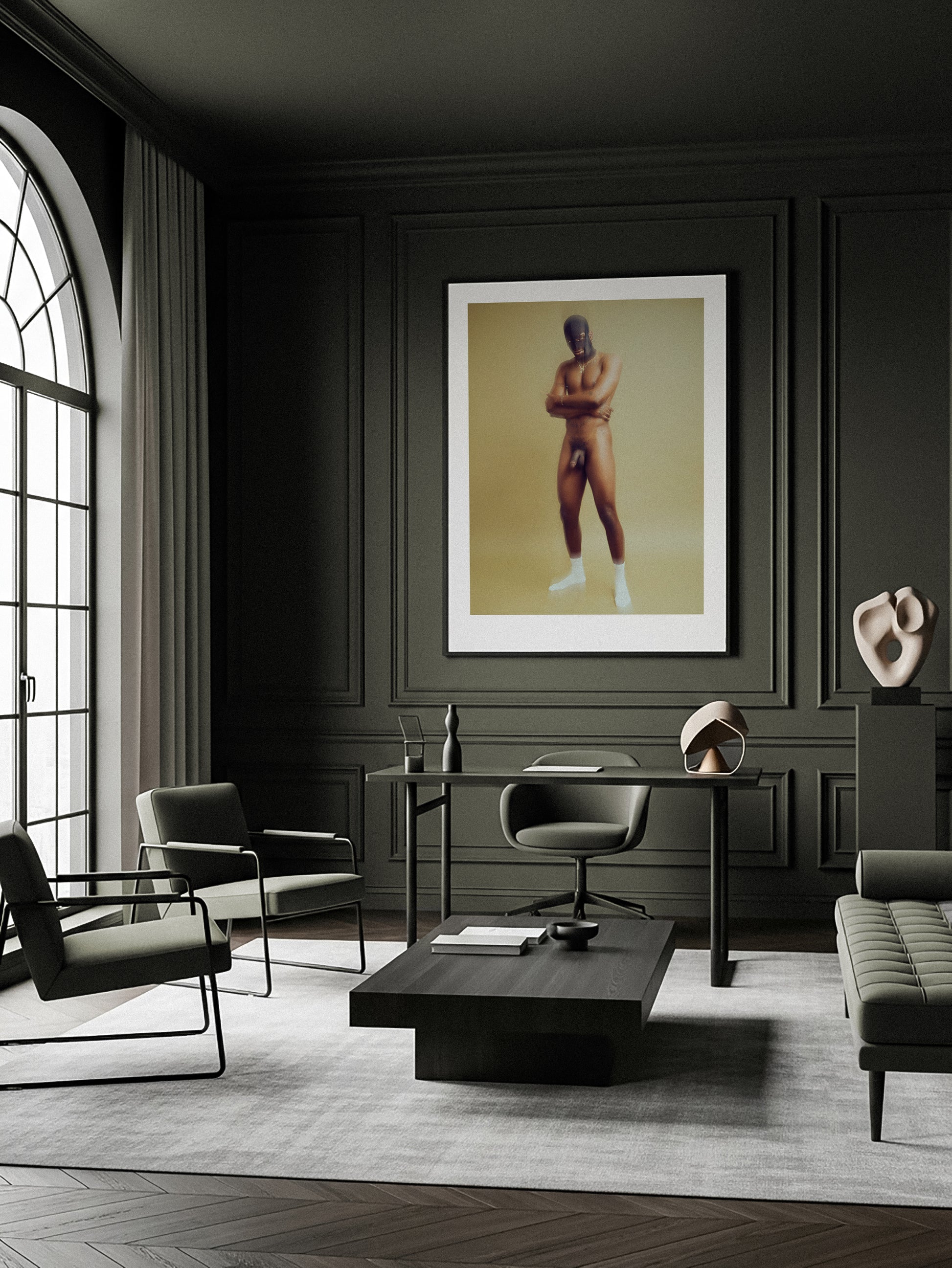 Modern interior with dark walls, furniture, and a framed artwork of a nude male wearing a mask.