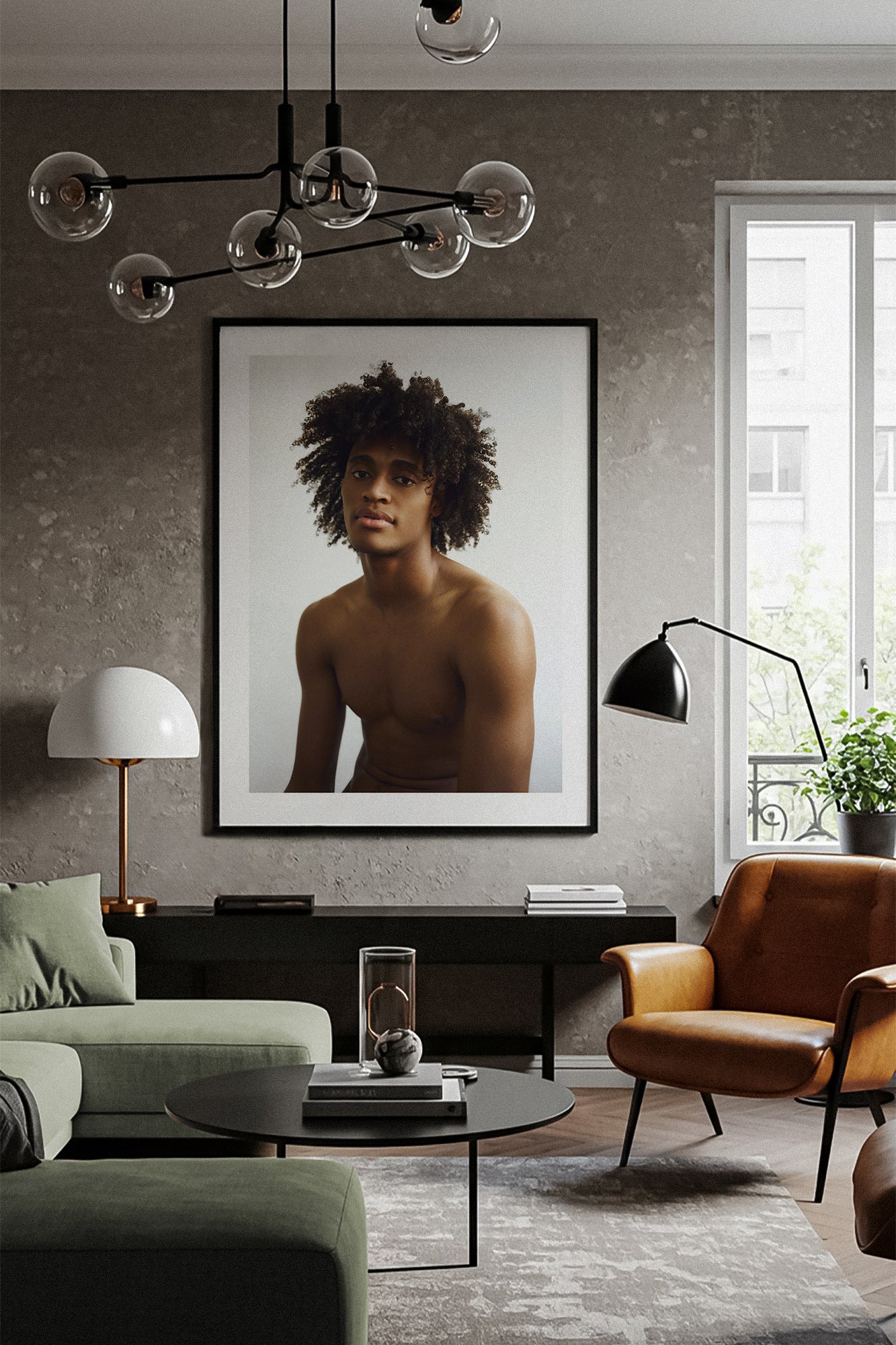 Modern living room with a framed fine art portrait on the wall, stylish furniture, and decor.