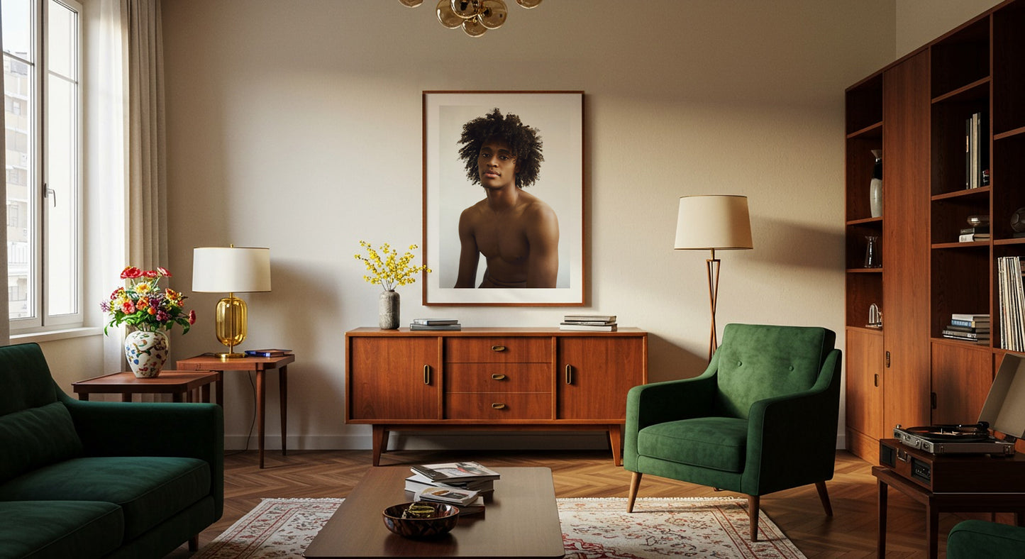 framed portrait photography on a wall in mid century design