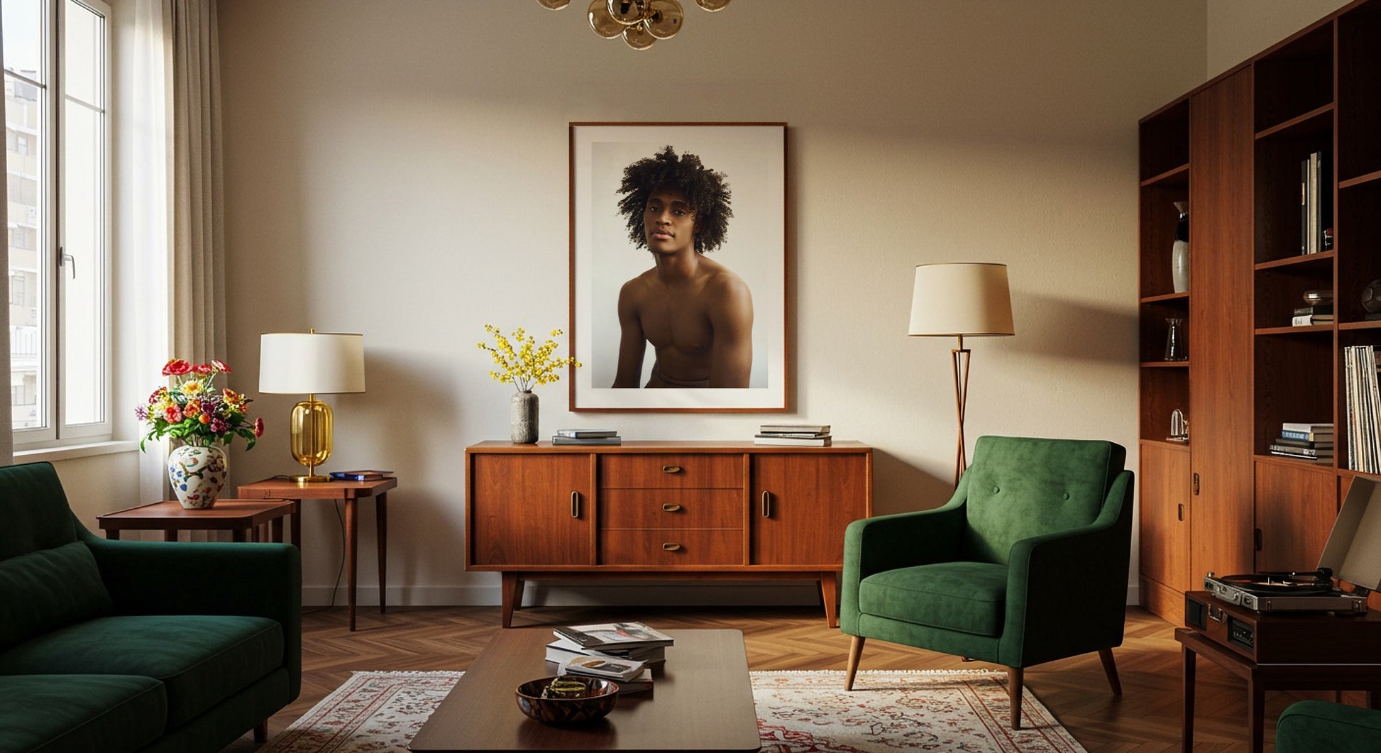 framed portrait photography on a wall in mid century design