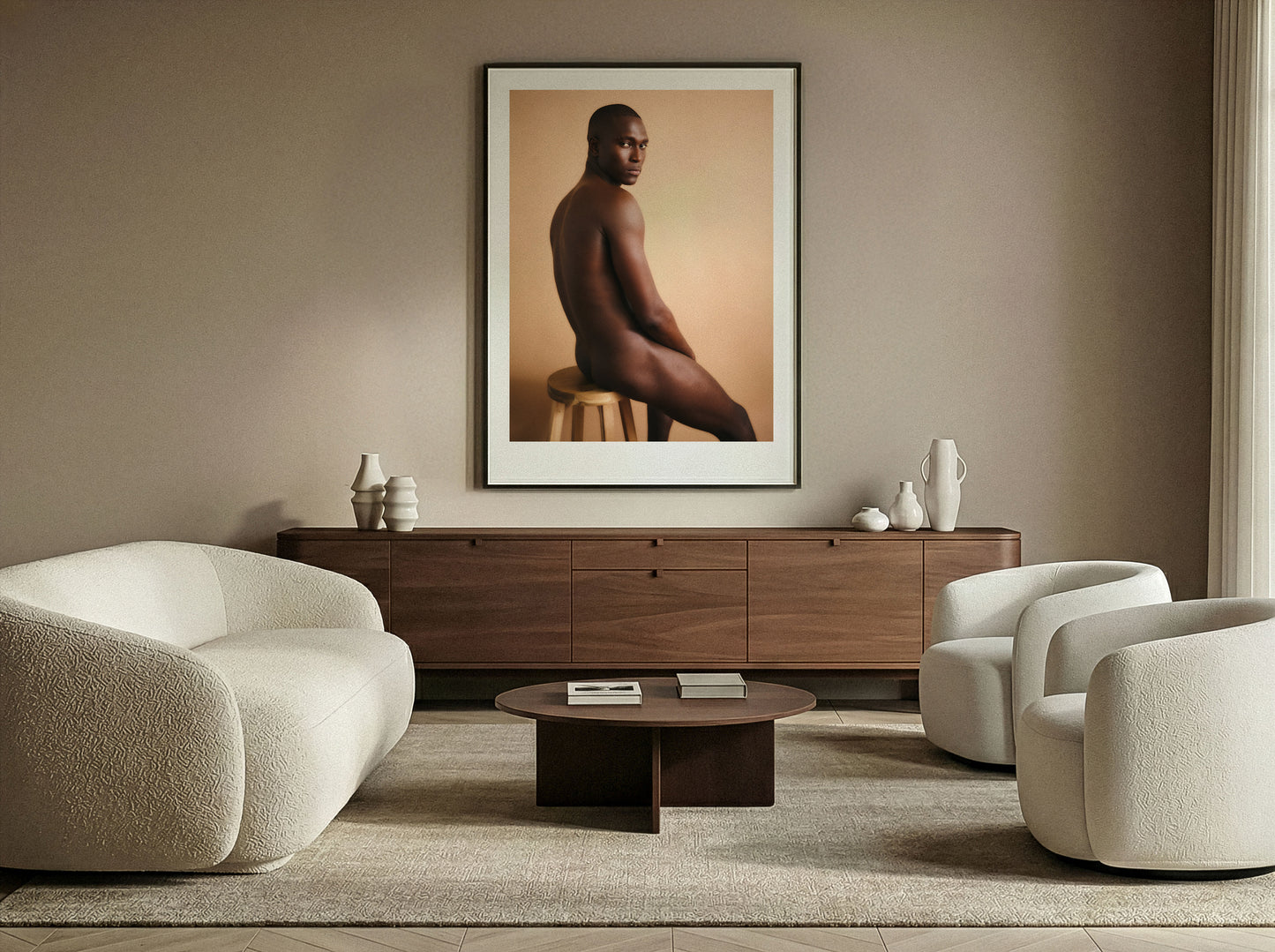 Modern living room with a framed fine art portrait on the wall by Lucas Castro Pardo, white chairs, and a wooden cabinet.