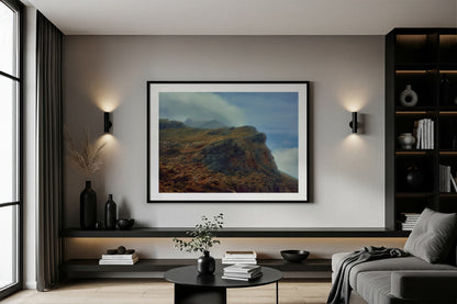 Modern living room with a landscape fine art print by lucas castro pardo on the wall.