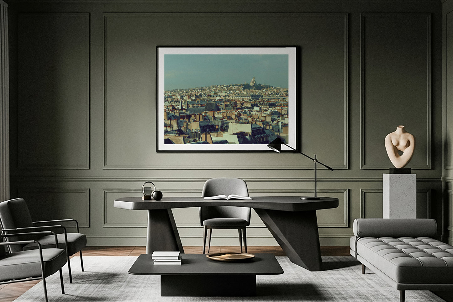 Fine Art Print in a Modern interior design with a table, chairs,
