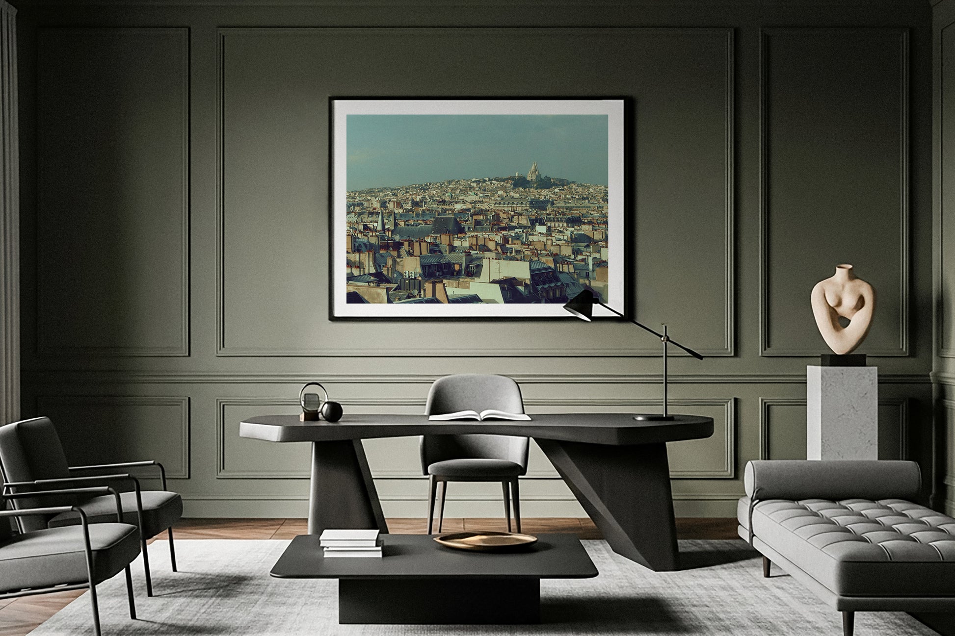 Fine Art Print in a Modern interior design with a table, chairs,